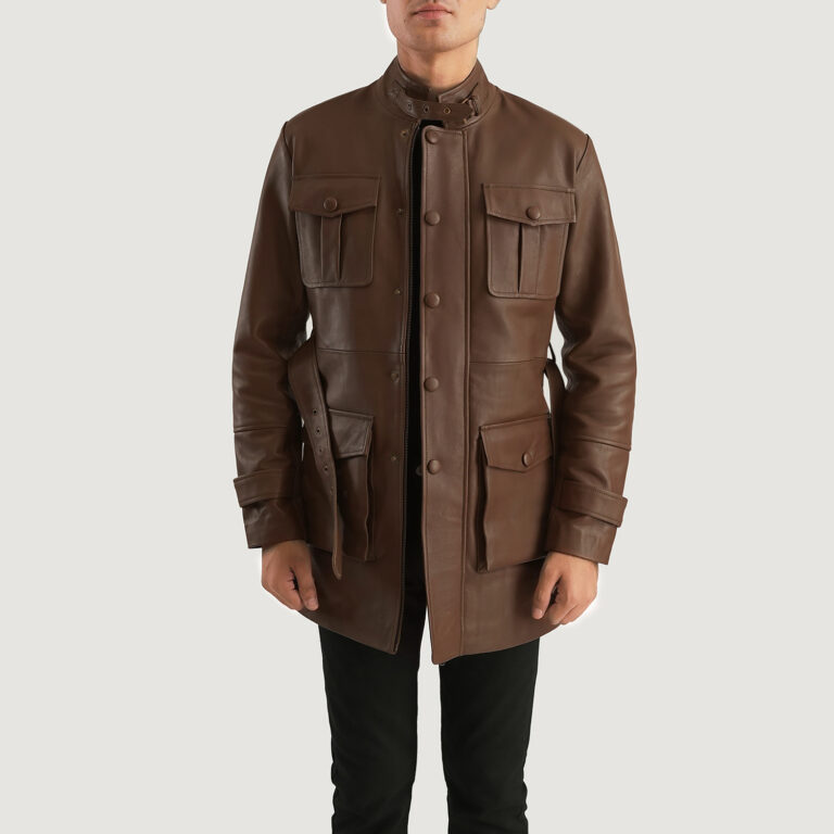 Mens Dolf Brown Leather Jacket Open Front-4-1701089149494